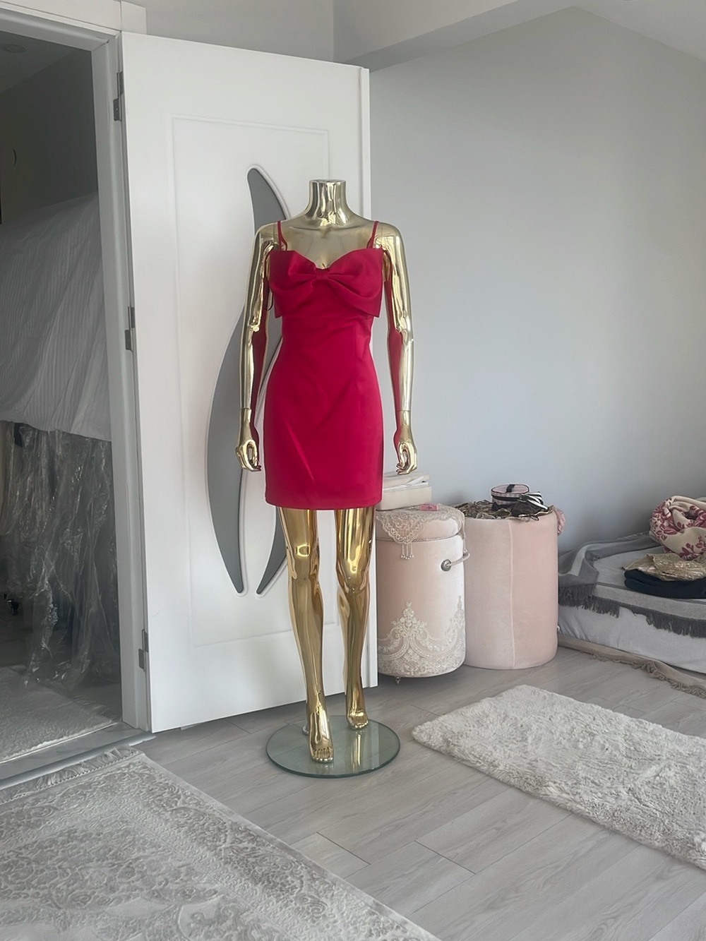 Marciano Red Bow-Front Spaghetti-Strap Mini Dress